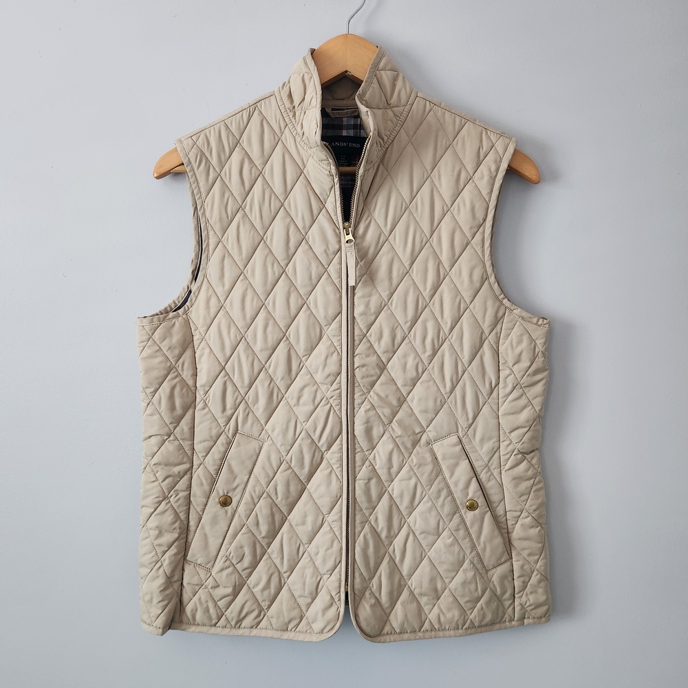 Lands' End Beige Quilted Vest Classic Sleeveless Design Womens Size Small